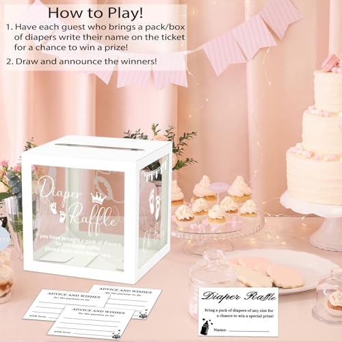 Image of 50 Diaper Raffle Tickets With Box for Baby Shower Game, Clear White Card Box for Gender Reveal Oh Baby Party Decoration