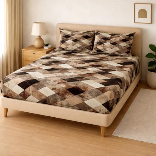 Image of Rome Warm Flannel Fitted Bedsheet with 2 Pillow Covers - 155 GSM Soft Bedsheet Set with Elastic Deep Pocket 90x100+10 Inches for Double Bed, AC Room & All Season Comfort -Beige
