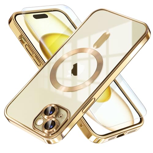 Image of Misea Magnetic for iPhone 15 Plus Case Compatible with MagSafe Gold | [Never Yellowing] [Military Drop Protection] Full Camera Lens Protector Plating Soft Clear Phone Case for Women, Gold
