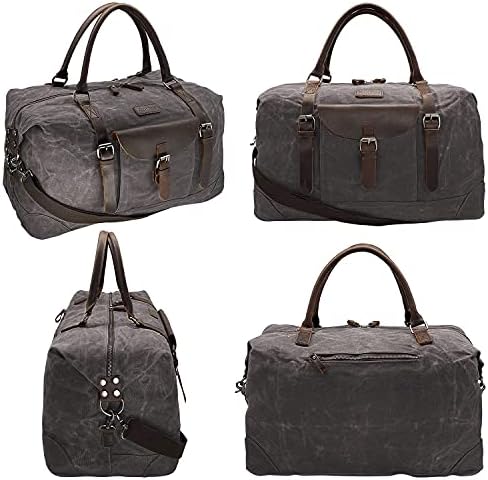 Oversized Waxed Canvas Duffel Bag, Waterproof with Genuine Leather Trimming & Handles, Travel Weekender Overnight Carryon Hand Bags (Dark Gray) 3 Oversized Waxed Canvas Duffel Bag, Waterproof with Genuine Leather Trimming & Handles, Travel Weekender Overnight Carryon Hand Bags (Dark Gray)