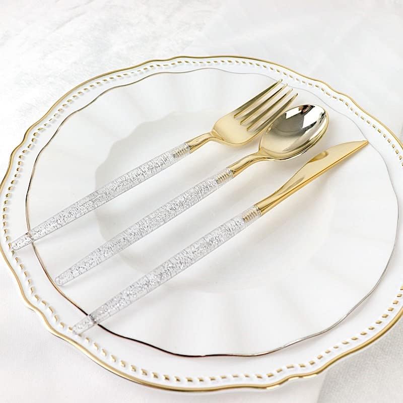 Miniatura 6 de BalsaCircle - 24 cubiertos de plástico desechables plateados con mango dorado con purpurina dorada, suministros de decoración para bodas, fiestas,