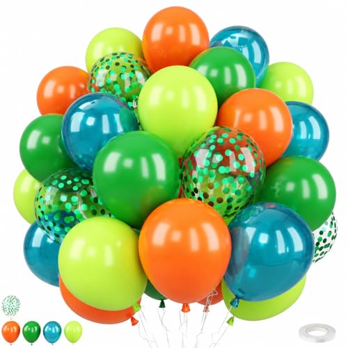 Image of Dinosaur Balloons, 50Pcs 12 Inch Green Orange Teal Confetti Latex | Green and Orange Jungle Dino Balloons for Kids Birthday Baby Shower Safari Wedding Boho Outdoor Fall Party Decor