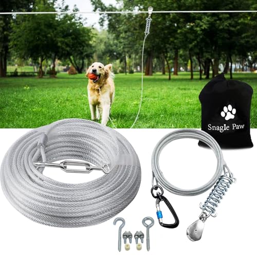 Snagle Paw Dog Runner for Yard,Trolley System for Large Dogs,Run Cable 100ft with 10ft Pulley Runner Line for Dogs Up to 250lbs,Dog Zip Line for Backyard or Camping