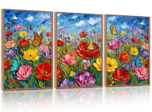 Image of CHDITB 3D Textured Poppy Floral Wall Art,Butterfly Wildflower Country Decor