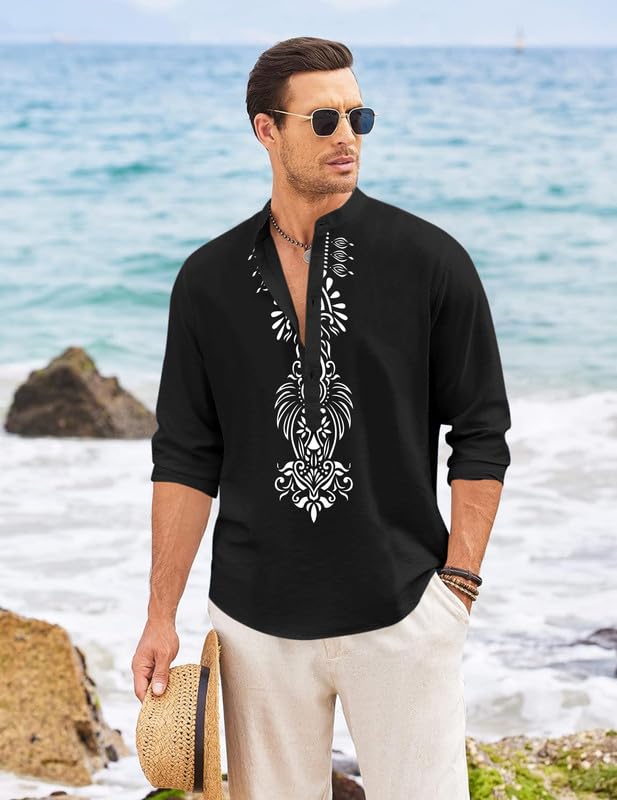 Image of FINIVO FASHION Men's Cotton Blend Short Kurta with Bold Printed Front Design | Full Sleeve Ethnic Casual Kurta with Mandarin Collar | Artistic Festival & Travel Wear for Modern Ethnic Style