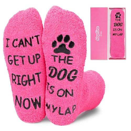Hapfine Dog Mom Gifts for Women - I Can't Get Up The Dog Is On My Lap - Dark Pink Fuzzy Socks with Cupcake Packaging - Funny Birthday Gift (Dark Pink)