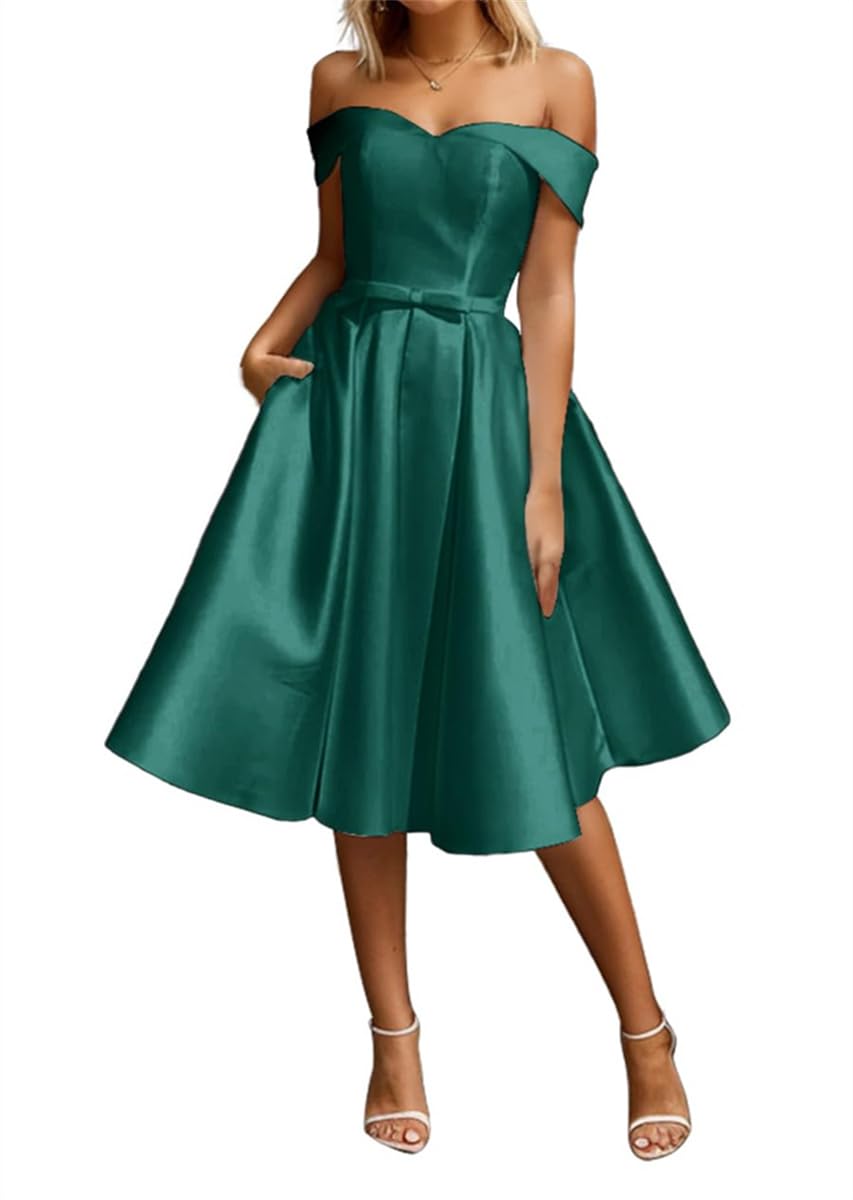 Wseyu Women's Teal A Line Off Shoulder Short Prom Gown Satin Pockets Wedding Dress Homecoming Dress Uk16