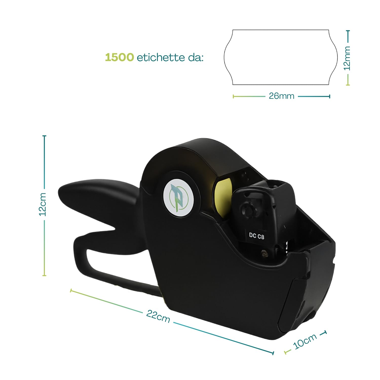 VIRSUS Prezzatrice macchina pistola etichettatrice a 8 caratteri e cifre con 1 linea di stampa + 4 rotoli da 1500 etichette con misura 26x12 etichetta adesiva