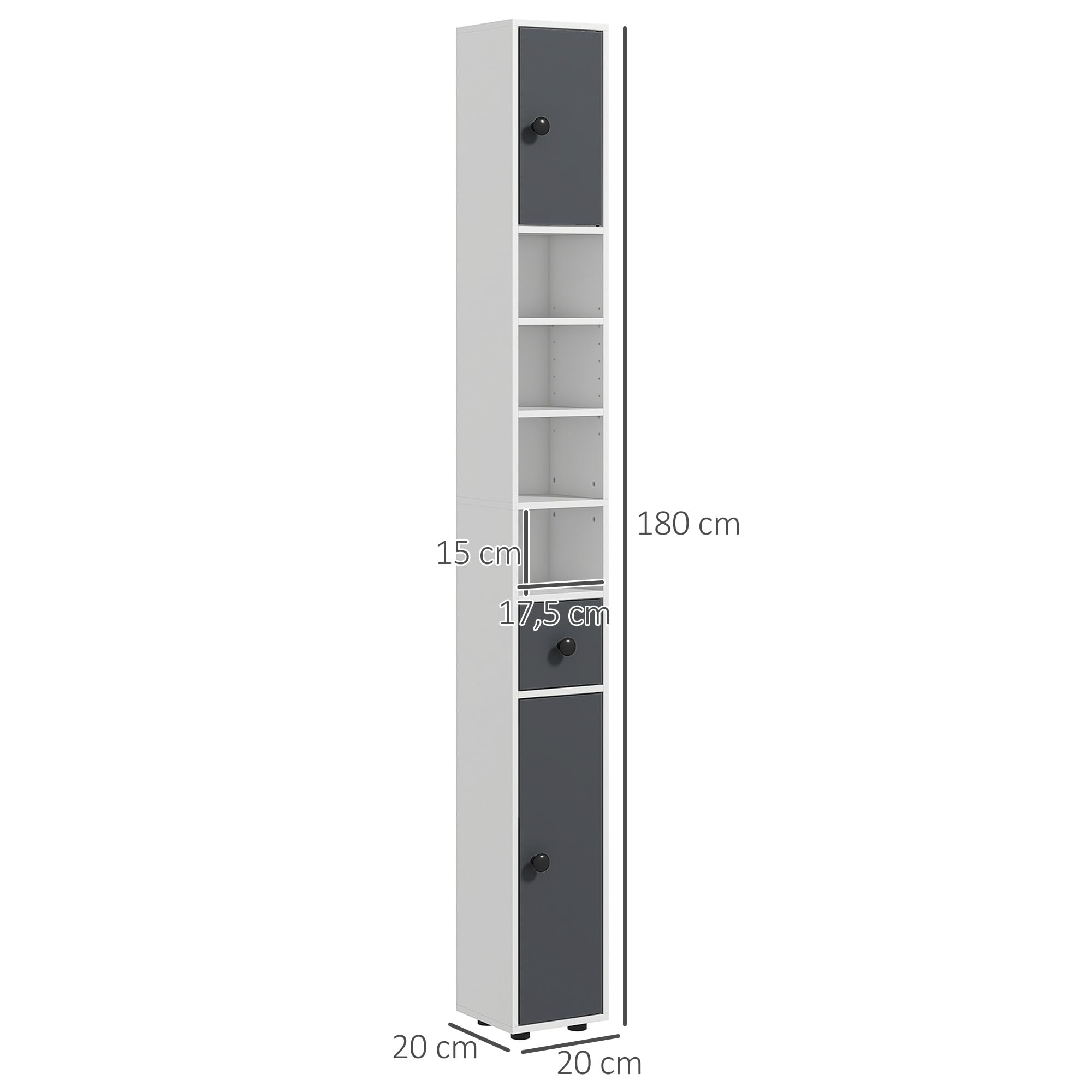 kleankin Meuble Colonne Salle de Bain Armoire Haute Colonne Fine avec 4 étagères réglables 1 tiroir et 2 placards Design Moderne 20 x 20 x 180 cm Gris