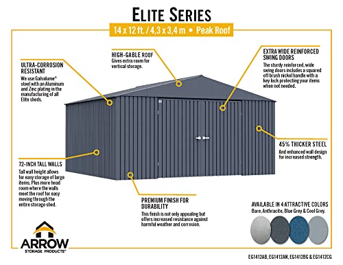 Image of Arrow Shed Elite 14' x 12' Outdoor Lockable Gable Roof Steel Storage Shed Building, Silver