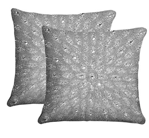 COTTON CRAFT Ophelia Set of 2 Peacock Handmade Beaded 16 inch Square Decorative Pillow, Silver