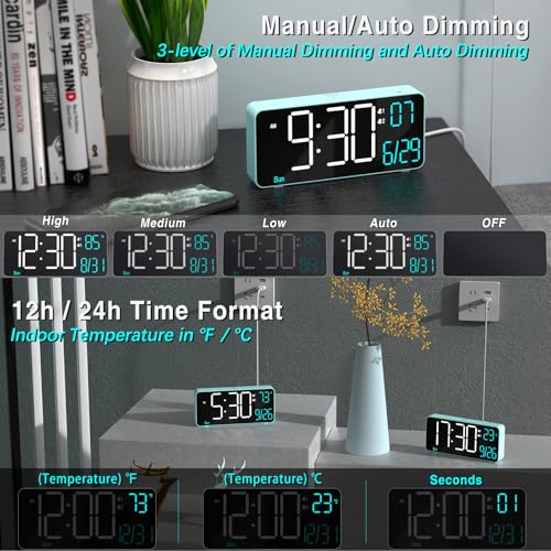 Image of KOSUMOSU Digital Alarm Clock for Bedroom, 6.7in Desk Clock LED, Auto Dimming, Room Temperature, Day of The Week, Date, Seconds, Clocks for Living Room, Alarm Clocks for Bedrooms