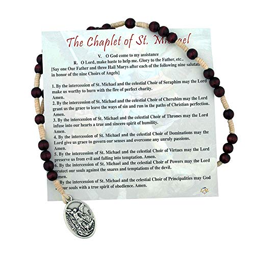 VILLAGE GIFT IMPORTERS Saint Michael Guardian Angel Chaplet | Mahogany Brown Wooden Beads | Saint Medal Rosary Chaplet | Comes with Prayer Card | Christian Jewelry