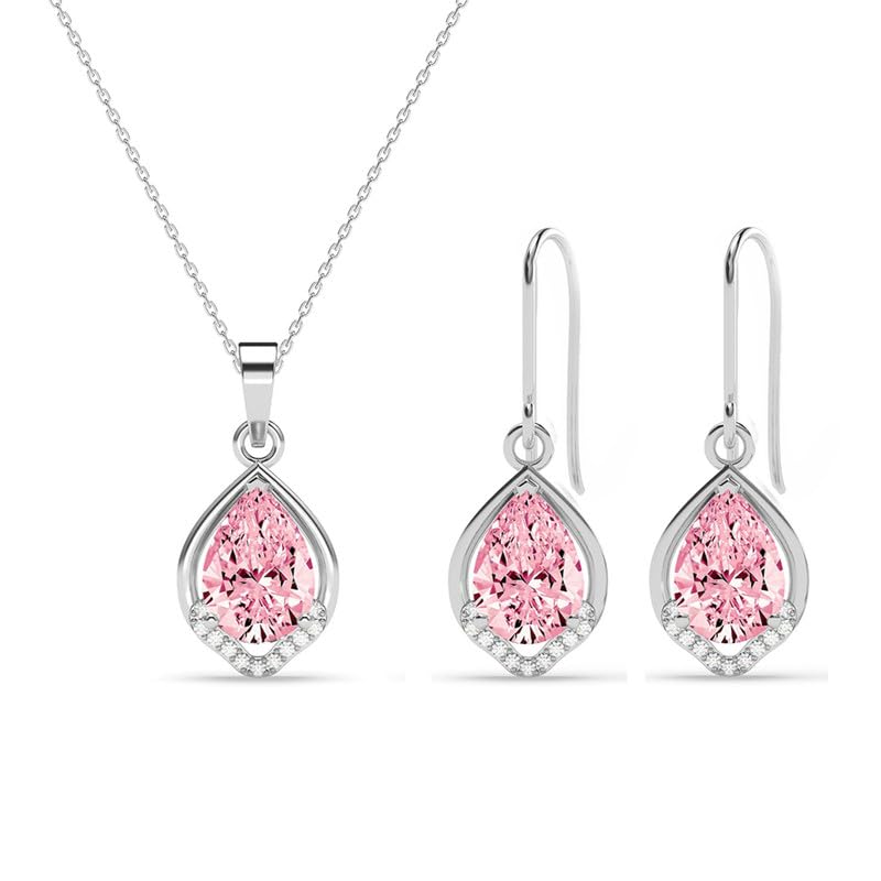 Image of Clara 925 Silver Jino Pink Solitaire Pendant Earrings Chain Ring for Women | Gift for Girl Girlfriend Wife | Rakhi Rakshabandhan Gift for Sister Bhabhi |Platinum Plated | Swiss Zirconia | Jewellery Set