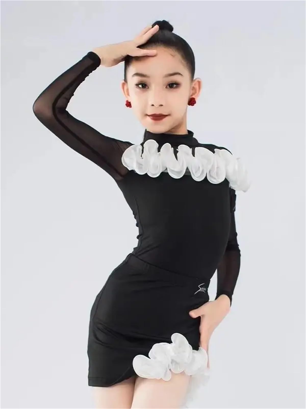 Vestido De Baile Latino para NiñAs Trajes de actuación, Vestidos de Manga Larga for niñas, Elegante Vestido Latino, Vestido de práctica de Baile Latino, Ropa de Baile para NiñAs(Black,160)