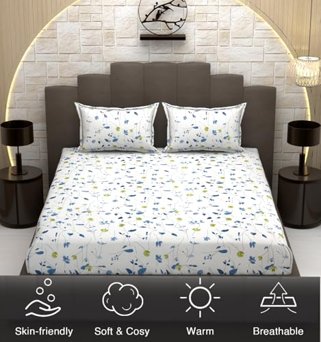 Image of 240 TC Soft Ezyption Cotton Floral Print King Double Bed bedsheet - with 2 Pillow Covers,bedsheet for Double Bed King Size Hypoallergenic, Brethable, (Size- 90 x 90 Inch) Blue & White