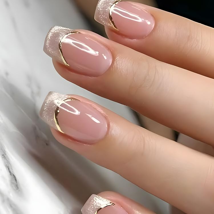 NAKHI French Tip Press On Nails for Women, Peach Pink Glossy Square False Nails with Gold Line Design, Glitter French Manicure Reusable Full Cover Artificial Nails Set, 24 Pcs-image-30