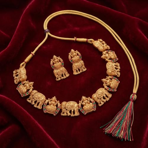 Image of Gold-Plated Antique Temple Jewellery Set for Women - Traditional Necklace with Large Peacock Pendant & Matching Jhumka Earrings | Ethnic Festive & Bridal Wear Set with Ruby & Emerald Accents
