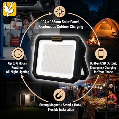 Image of Sarjak Solar Rechargeable LED Work Light with Type-C Fast Charging, USB Power Bank, Magnetic Base, Foldable Stand & Hook, Multi Lighting Modes, IP65 Waterproof Portable Flood Light for Camping