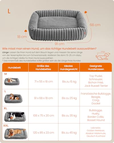 Feandrea Hundebett, großes orthopädisches Hundekörbchen, Hundekissen waschbar, Flauschige Hundematte, weiche Polsterung, 91 x 68 x 18 cm, Taubengrau PGW312GD01