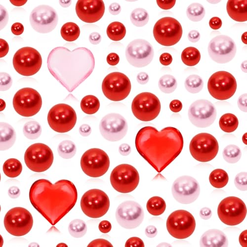 PENTA ANGEL Valentine’s Day Pearl Vase Fillers 150Pcs Pink Red Floating Faux Pearl Beads Acrylic Heart Pieces for Holiday Wedding Home Table Centerpiece Decoration (150)