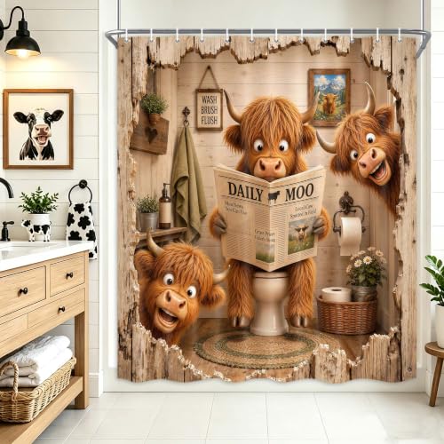 Image of Funny Shower Curtain Highland Cow Shower Curtain with 12Hooks, 60 x 72 Inch