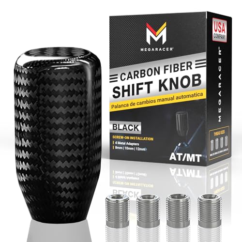 Premium 100% Real Carbon Fiber Shift Knob - 4 Metal Threaded Adapters, 4 5 6 Speed Manual & Buttonless Automatic Transmission, Weighted Gear Stick Shifter Knobs, (M8, M10x1.25/1.5, M12x1.25) JDM Style