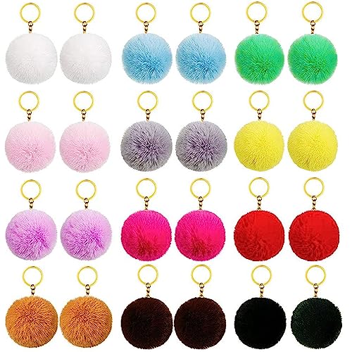 ANBOWEI 24pcs Pompones Llaveros 8cm Pompones Imitación Conejo Piel con Anillas Llaveros Pom Poms...