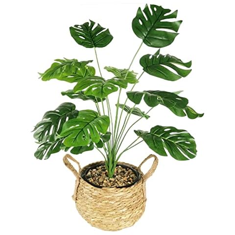 BeGrit Artificial Monstera Plants 55cm Fake Turtle Tree with Stems Faux Palm Leaf Tropical Potted Plants Fake Greenery with 18 Leaves Plastic Pot & Woven Basket for Home Office Kitchen Decoration Cover