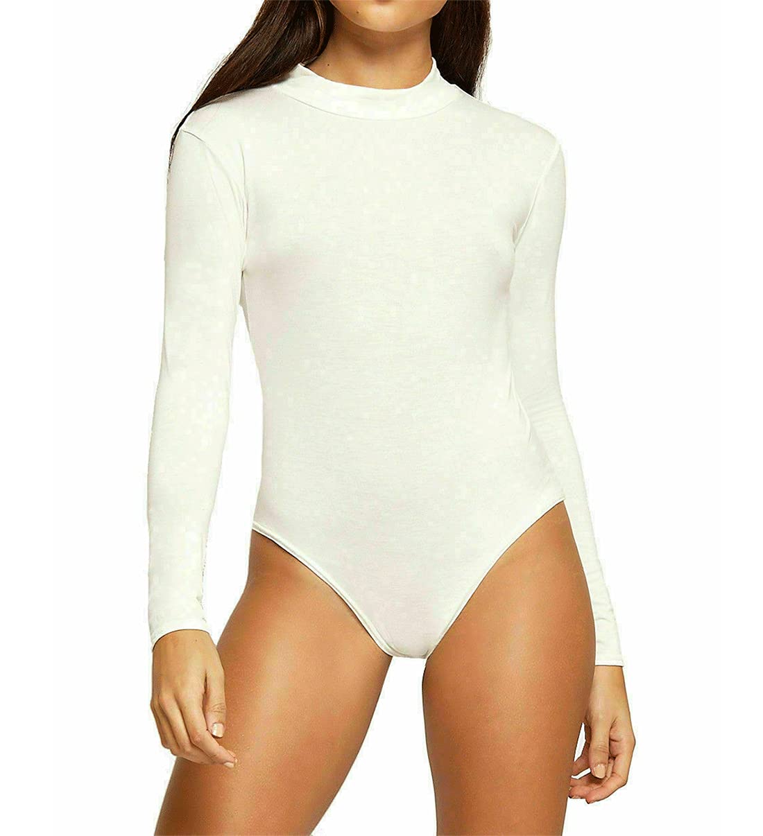 FAIRY TRENDZ LTD Womens Plain Polo Neck Bodysuit Ladies High Turtle Neck Long Sleeve Leotard Top UK 8-14 (Cream UK 12-14)