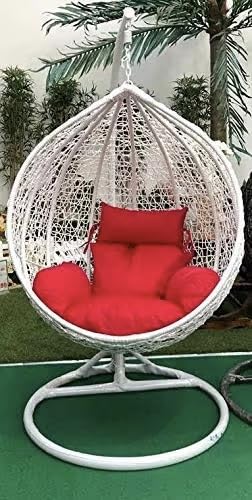 Image of Single Seater Swing Chair with Stand & Cushion Outdoor Indoor Balcony Garden Patio, Powder Coated Frame, UV-Protected Wicker, Premium Cushion, Swing Chair (White-RED)