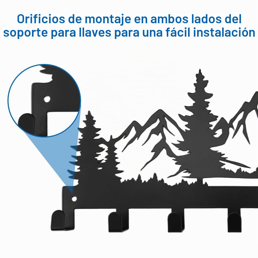Colgador de Llaves de Pared, 27 x 12.8 cm Soporte para Llaves de Metal con 7 Ganchos, Negro Llavero de Pared Multifuncional, para Cocina, Entrada, Pasillo, Oficina y Dormitorio (Montaña de Nieve)