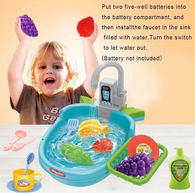 Image of Interactive Dino Kitchen Sink Toy for Kids | 12-Piece Dishwasher Playset with Water Circulation Pump | Pretend Cooking & Washing Toy for Boys & Girls