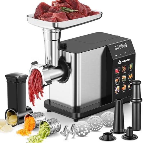 AAOBOSI 3000W Max Electric Meat Grinder 9 Preset Modes & 9 Speeds Non-Clogging Technology with Vegetable & Cheese Grater Kit Sausage & Kubbe Maker Built-in Storage for Home Kitchen Use