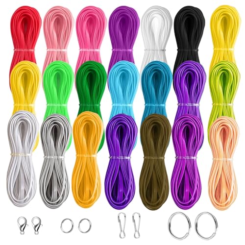 Yeqqzq Lanyard String Kit 200 Pcs Scoobies Strings with Metal Accessories 20 Color Bright Color Lanyard String for Crafts Beading Bracelets and Jewelry Making Weaving Kit for Craft DIY