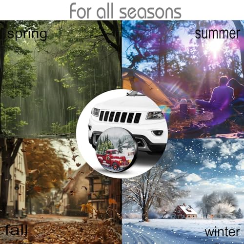 Image of Farm Christmas Red Truck Spare Tire Cover for Rv Trailer Camper- Cute Xmas Winter Waterproof Wheel Protectors Cover Universal Fit for Truck SUV Travel New Year Outdoor-15 inch
