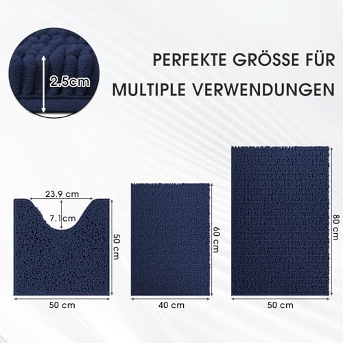 COMPOLICY Badvorleger Set 3-Teilig-Weiches Badematten Set mit Rutschfester, Chenille Saugfähige Badteppiche Sets für Badezimmer, Toilette und Dusche-Maschinenwaschbar (Dunkelblau)