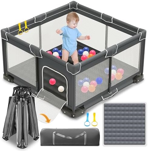 ICAREWAY Foldable Playpen for Babies and Toddlers, 50x50 Inches Portable Playpen, Kids Collapsible Play Pen with 2 Handlers, Indoor & Outdoor Baby Fence Play Area with Visible Mesh, Dark Gray