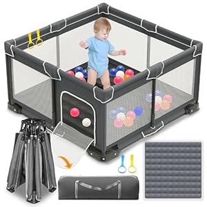 Foldable Playpen for Babies and Toddlers, 50×50 Inches Portable Playpen, Kids Collapsible Play Pen with 2 Handlers, Indoor & Outdoor Baby Fence Play Area with Visible Mesh, Dark Gray