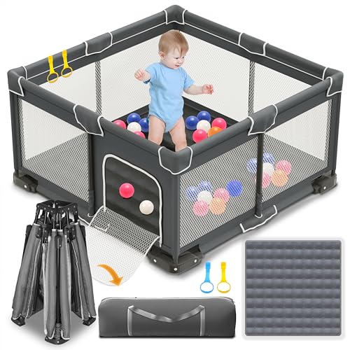Foldable Playpen for Babies and Toddlers, 50×50 Inches Portable Playpen, Kids Collapsible Play Pen with 2 Handlers, Indoor & Outdoor Baby Fence Play Area with Visible Mesh, Dark Gray