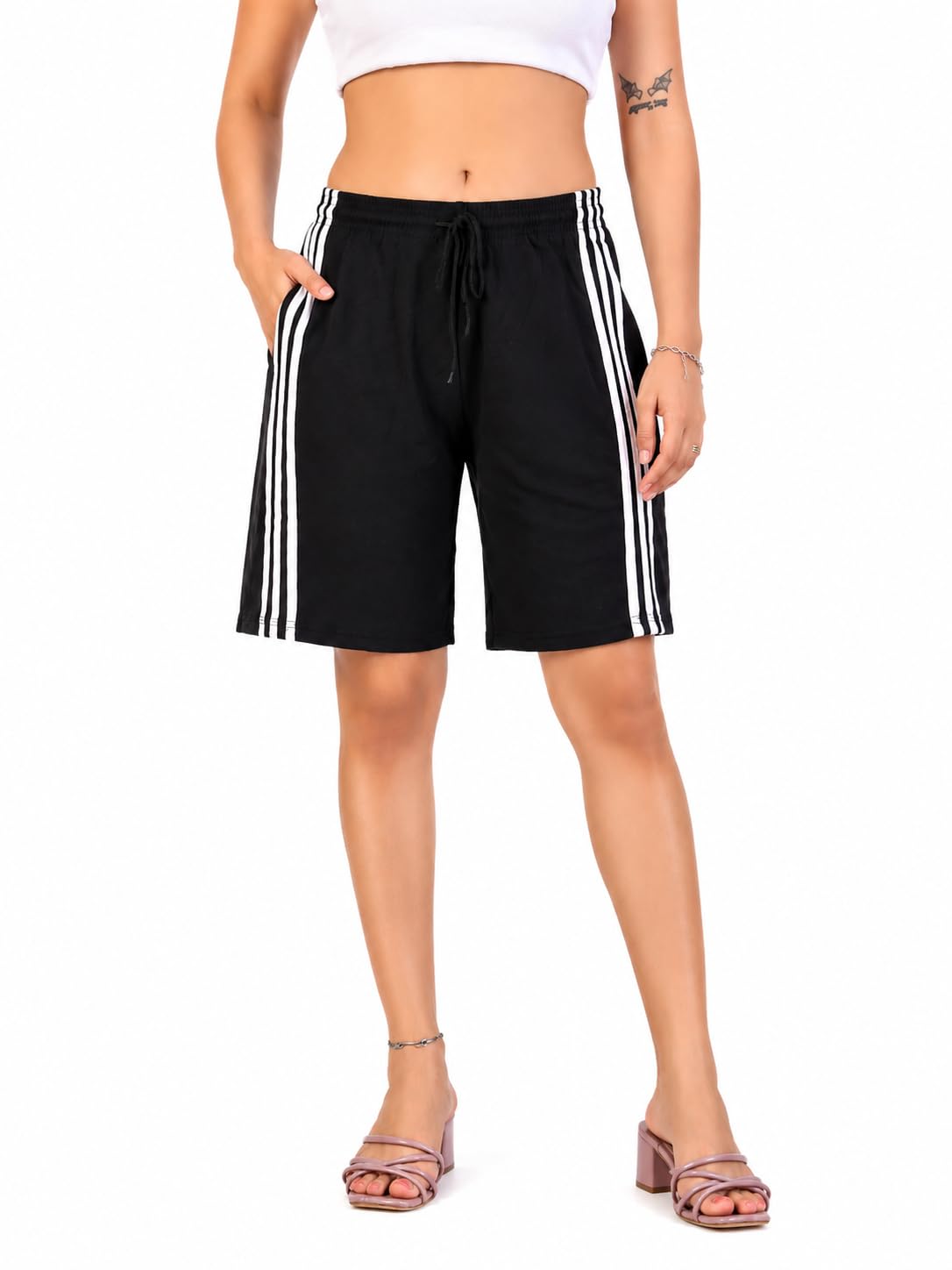 Women’s Black Sports Shorts with White Side Stripes | Elastic Waist Drawstring Knee-Length Casual Shorts | Regular Fit Lounge & Active Wear-image-42