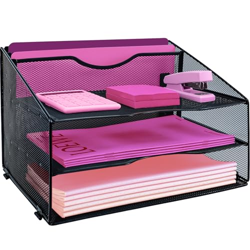 ideallife 3 Niveles Bandeja Organizador Escritorio y Documentos, Organizador de Archivos de Escritorio de Malla MetáLica con Bandejas Deslizantes, Folios A4, Carpetas Archivadoras Negro