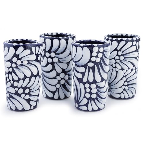 Image of Talavera Shot Glasses Set of 4 Authentic Mexican Tequila Shot Glasses - Hand-painted - 2 Oz (White & Sea Blue)
