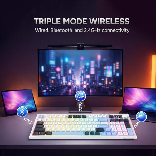 Image of KARNAGE by EVM Visage 95 RGB Backlit Wireless Gaming Keyboard [95 Keys] Triple Mode BT 5.0, 2.4GHz & USB-C | Semi- Mechanical | Volume Knob & Display | 2000mAh | Win & Mac | 2 Yr Warranty | White Blue