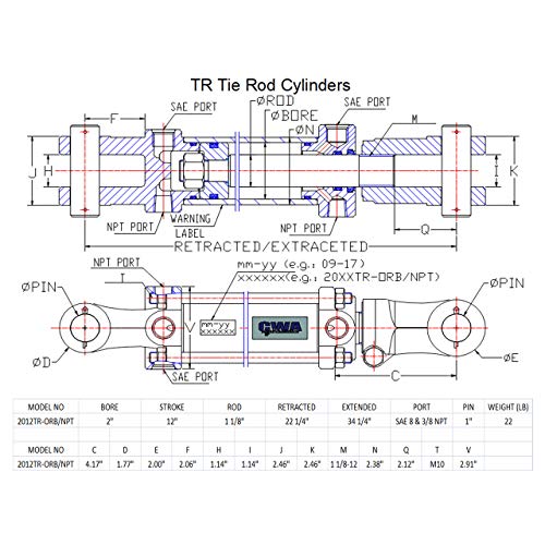 Image of TR Tie Rod Cylinder 2 inch Bore x 12 inch Stroke x 1 1 /8 inch Rod x 2500 PSI - Port: SAE 8 and 3 /8 NPT