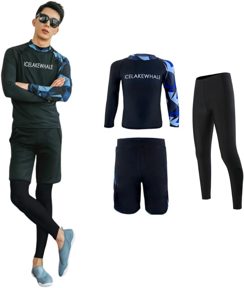 [wechose] ラッシュガード メンズ 水着 長袖 上下セット 3点セット レギンス サーフパンツ フィットネス 男性 UVカット 大きい サイズ ビーチ 温泉 水泳 水陸両用 スイミング 通気性 快適 吸汗 速乾柔らかい肌触り おしゃれ プレミアム