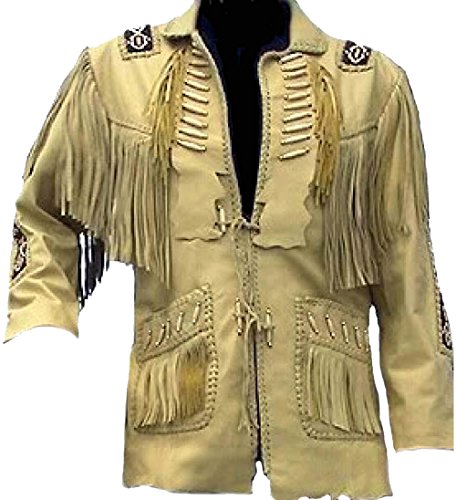 coolhides Men's Cowboy Original Leather Jacket, Beaded, Bones & Fringes Sheep Beige X-Large