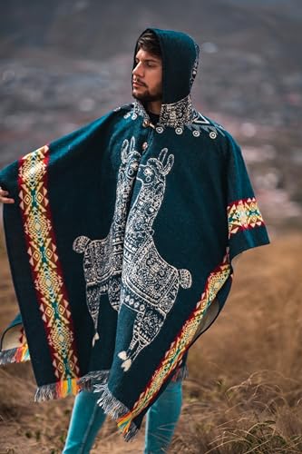 Image of Alpaca Mens Poncho with Hood - Cowboy Serape Western Poncho - Clint Eastwood Poncho for Men - Ecuadorian Cloak with Hood Men