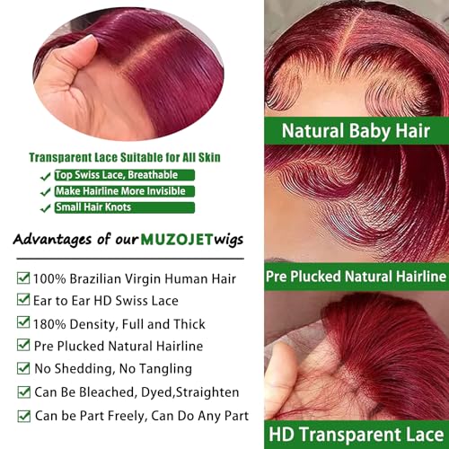 Image of MUZOJET 99j Burgundy Lace Front Wigs Human Hair 13x6 Body Wave Lace Front Wigs Human Hair Pre Plucked Glueless Red Wig Wine Red Wigs for Women Reddish Brown 180 Density 30 Inch