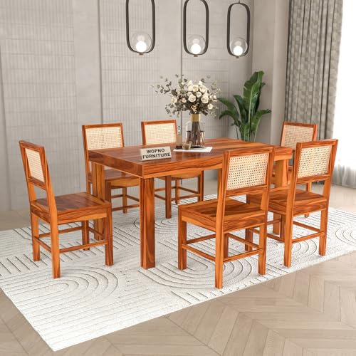 Image of Solid Sheesham Wood 6 Seater Dining Table Set with Chairs for Dining Room | Living Room | Home & Office | Hotels Restaurant & Cafe (6 Seater, Honey Finish)